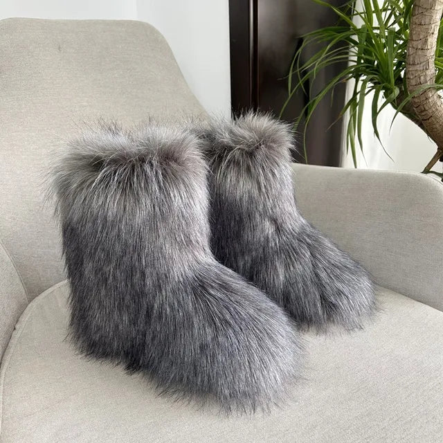 Botas de nieve de mapache para mujer, zapatos de media caña para exteriores, nuevas botas de invierno de una pieza 