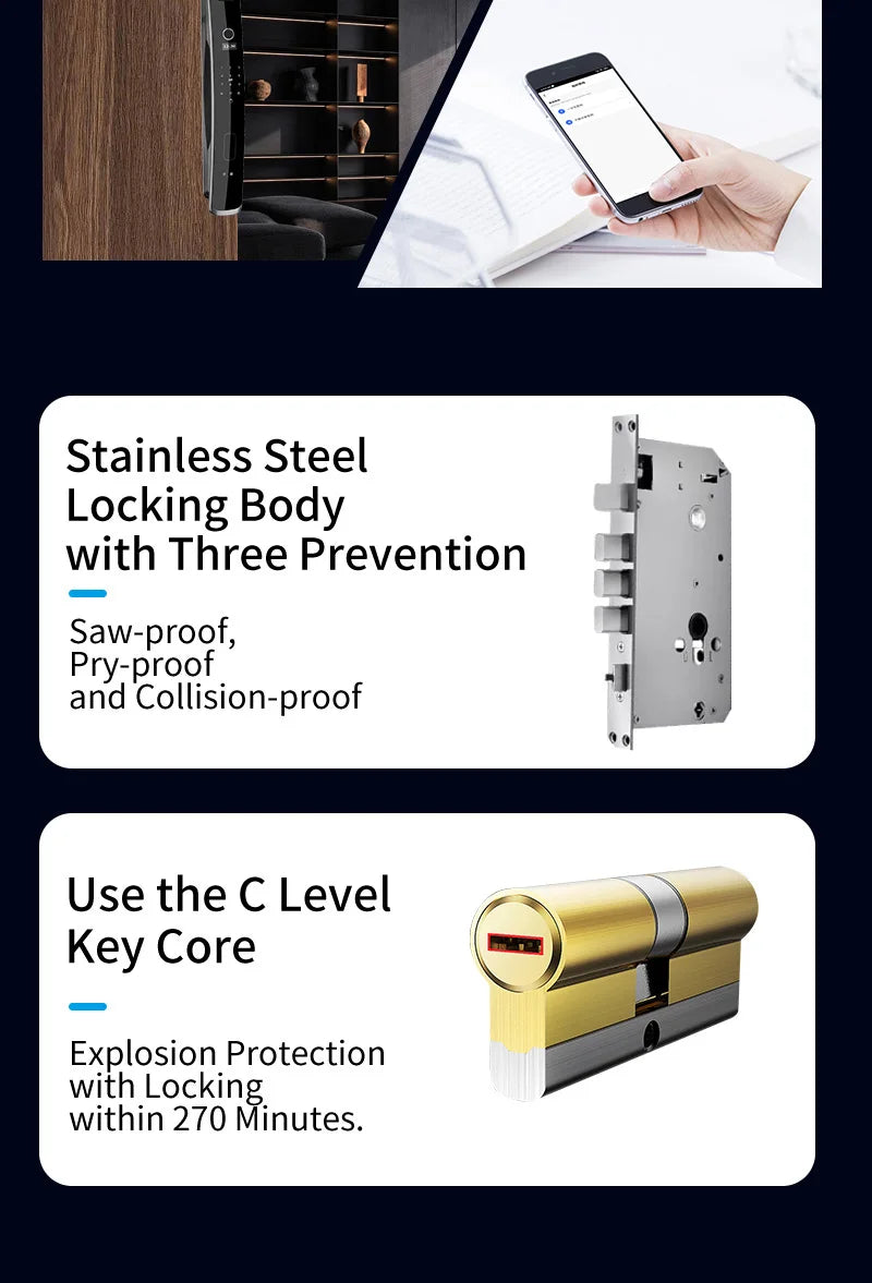 Wishome Biometric Recognition Smart Door Lock remote control Fingerprint Password IC Card APP Wifi Lock Unlock