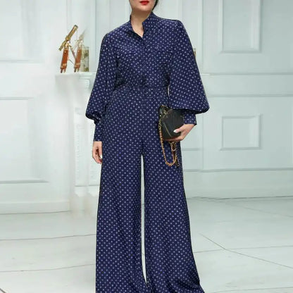 Plus Size 5XL VONDA Elegant Jumpsuist Women 2024 Autumn Polka Dot Rompers Long Lantern Sleeve Casual Long Overalls Playsuits