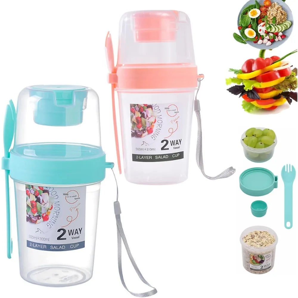 ¡Lleve tazas de desayuno, tazas de ensalada, cereales de yogur, bocadillos de avena, recipientes para parfait y soportes para aderezos para ensaladas con tenedores!