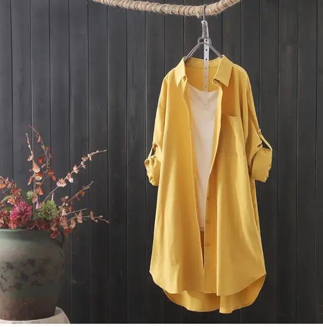 Camisa y blusa midi holgada y transpirable para mujer, primavera y verano 2023, camisas largas sencillas, color blanco liso, moda coreana 