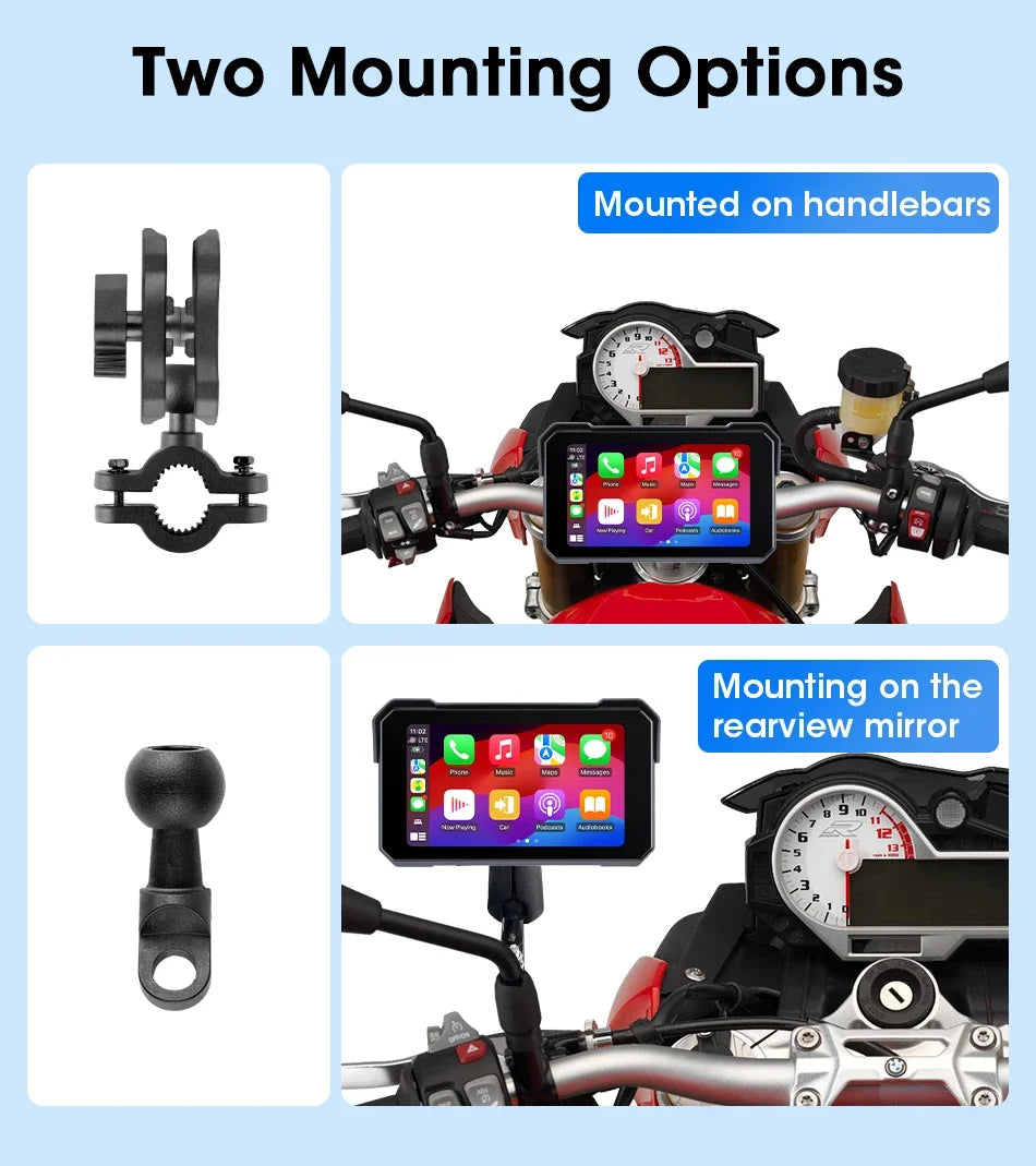 5" Portable Motorcycle Navigation GPS Wireless Carplay&Android Auto Moto Monitor IPX7 Waterproof Display Dual Bluetooth 5.0