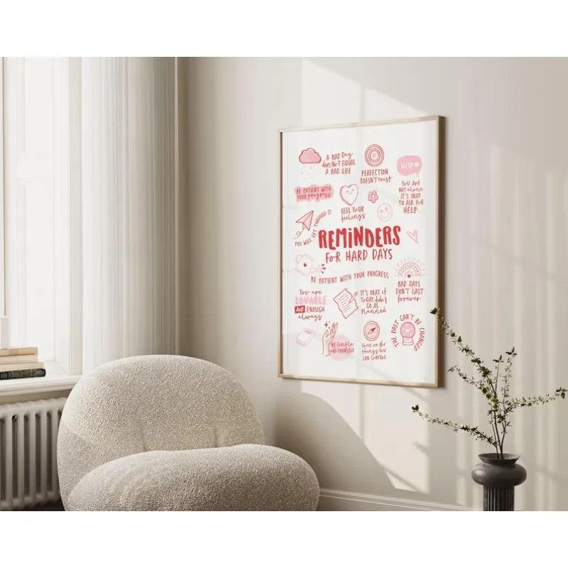 Reminders for Hard Days, Mental Health Office Decor, Therapy Poster, Positive Affirmations, Calming Corner Wall Cavans Art
