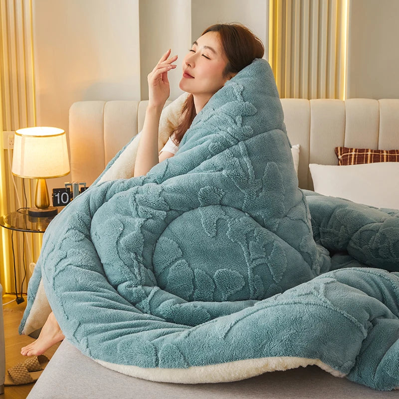 Thick Warm Imitation Lambswool Winter Blanket for Bed, Soft Jacquard Coral Fleece Quilt, Double-Sided Plush Weighted Blanket 5kg