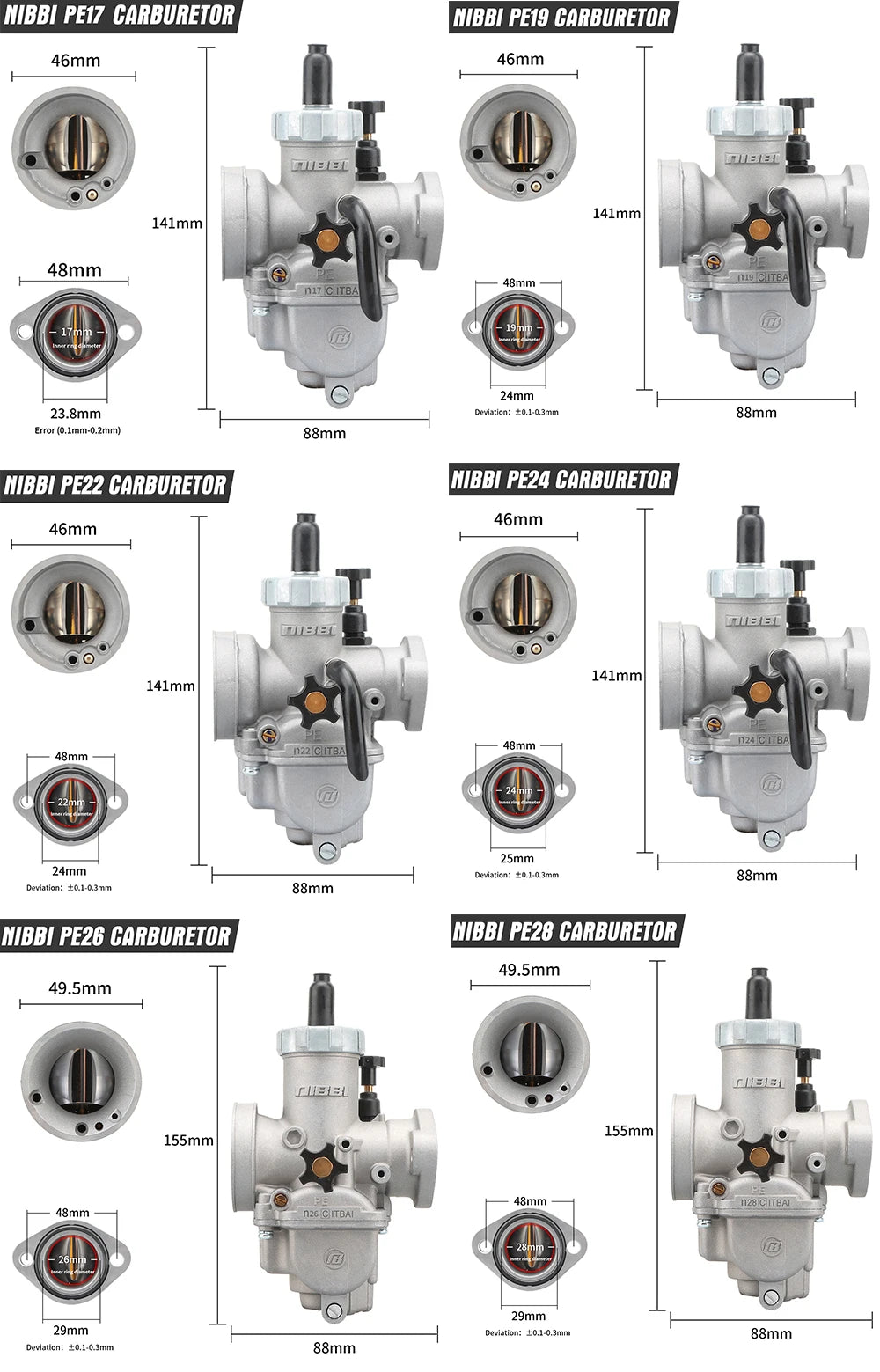 NIBBI PE19mm/PE22mm/PE24mm/PE26mm/PE28mm Flange Carburetor for Motorcycle 2T 4T GY6 Engine 100cc-250ccATV Yamaha Racing Pitbike