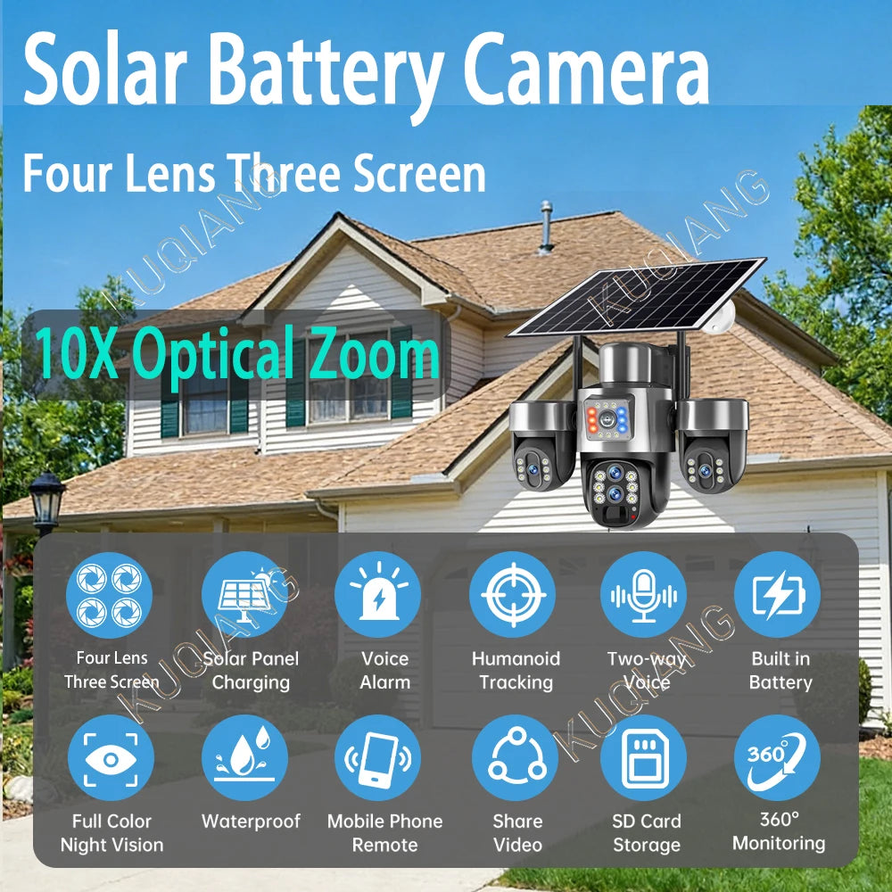20MP 4G Sim Solar Camera WiFi 10X Optical Zoom 3-PTZ 4-Lens 3-Screens Outdoor Wireless Security Cameras Auto Tracking CCTV V380