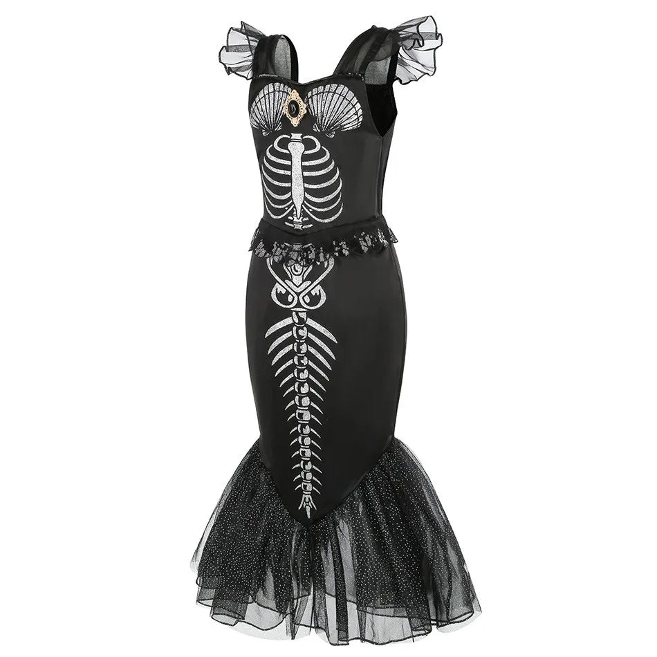 Halloween New Horror Skeleton Little Mermaid Costume Ariel Princess Black Skeleton Fishtail Dress Holiday Special Dress