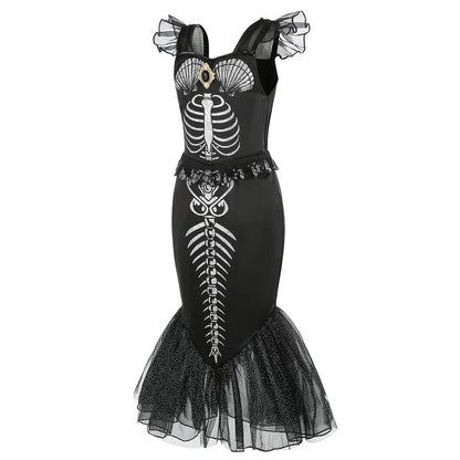 Halloween New Horror Skeleton Little Mermaid Costume Ariel Princess Black Skeleton Fishtail Dress Holiday Special Dress