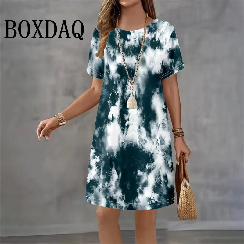Tie Dye Abstract Print Dresses For Women 2025 Summer Dress Plus Size Casual Short Sleeve Loose Mini Dress 9XL Big Size Clothing