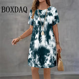 Tie Dye Abstract Print Dresses For Women 2025 Summer Dress Plus Size Casual Short Sleeve Loose Mini Dress 9XL Big Size Clothing