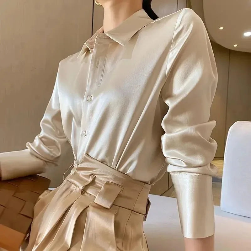 Camisas y blusas de satén de manga larga para mujer, estilo informal y elegante, tendencia de verano 2024, para oficina, ropa ajustada para mujer