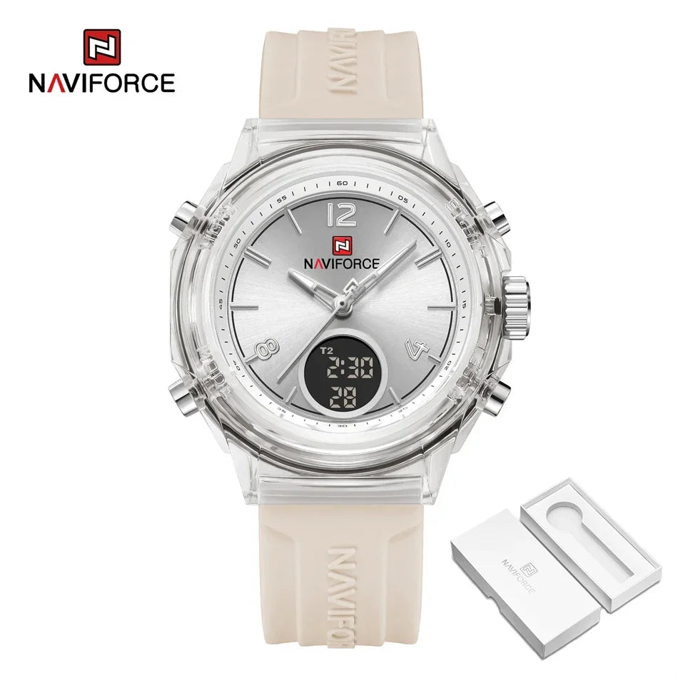 Relojes NAVIFORCE para mujer, nuevo diseño, esfera pequeña, deportivos, para mujer, resistente al agua hasta 5 ATM, reloj de pulsera de cuarzo con pantalla LCD digital, reloj para mujer