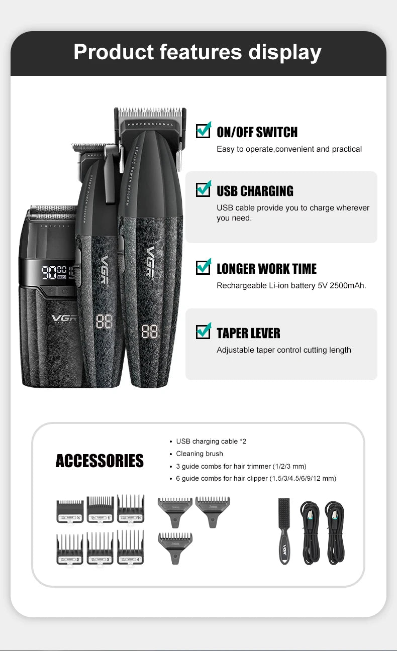VGR Hair Clippers Professional 9000RPM Hair Cutting Machine Rechargeable Beard Trimmer Charging Base Hair Clippers men V-640 S3