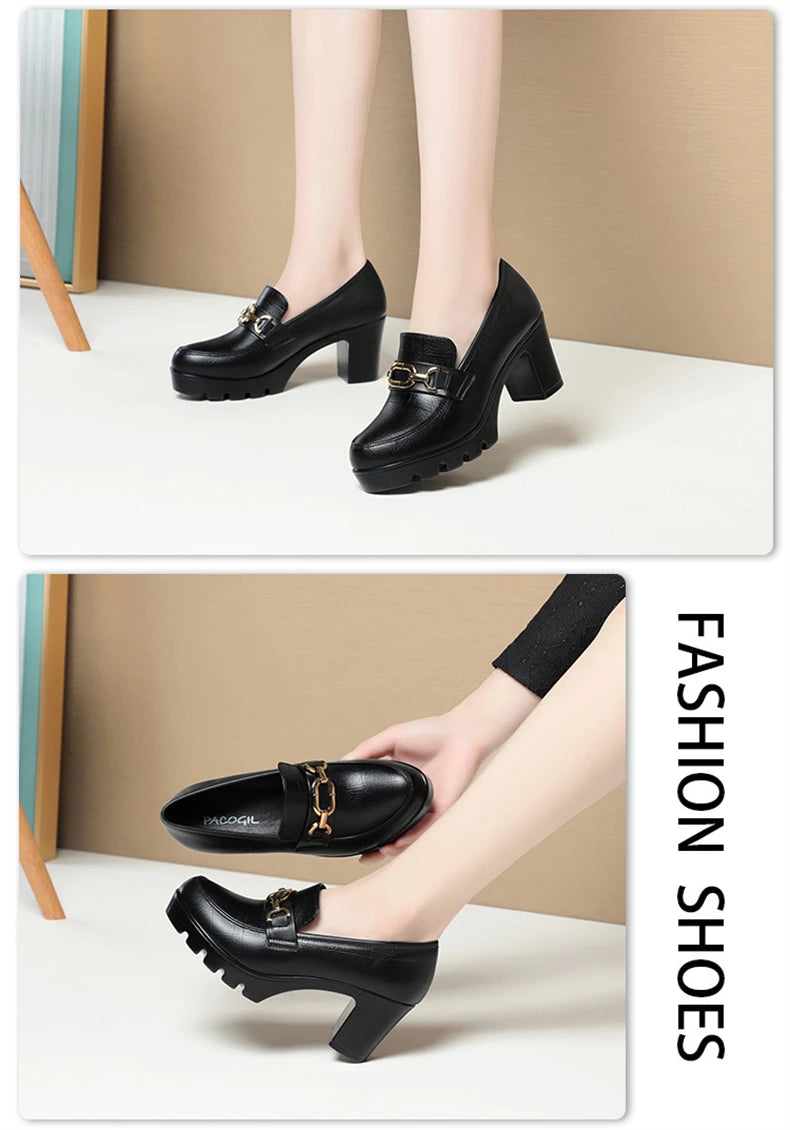 Zapato de piel suave negro para mujer, tacón de bloque 2024, plataforma gruesa, modelo oficina, trabajo, tacones altos de 6,5 cm y 8 cm, Grace