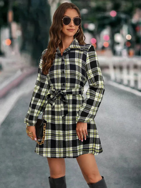 Autumn Winter Women New Fashion Lantern Sleeve Strap Waist Printed Pattern Single Breasted Shirt Casual Dress 