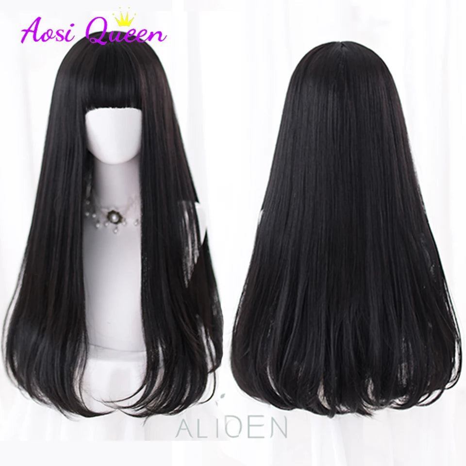 AS Long Straight Black Synthetic Wig For Women With Bangs Black Cosplay Lolita Wigs Heat Resistant Natural Hair