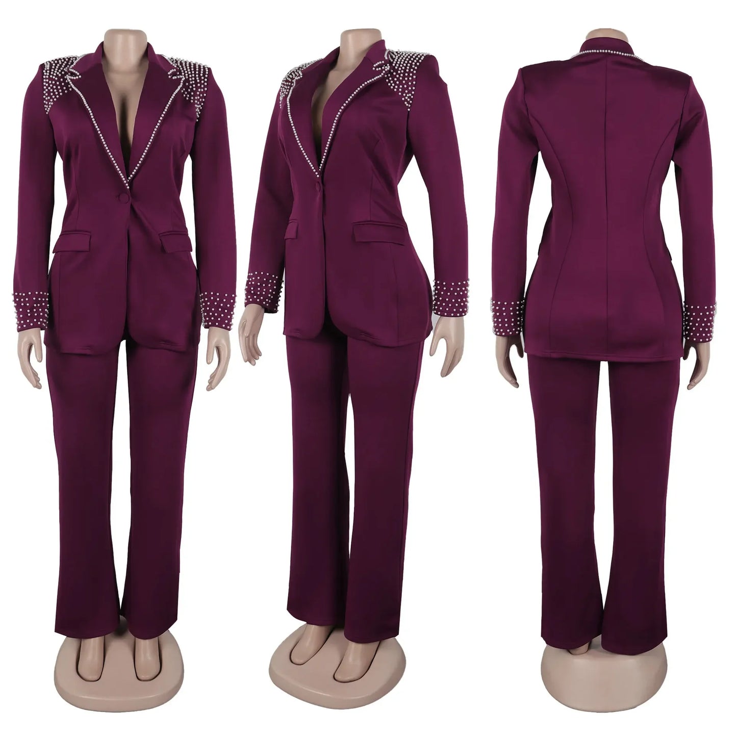 CM.YAYA Conjunto de dos piezas de chaqueta de manga larga y pantalón ancho para mujer, con empalme de perlas, para invierno y otoño de 2024