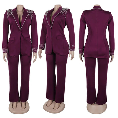 CM.YAYA Conjunto de dos piezas de chaqueta de manga larga y pantalón ancho para mujer, con empalme de perlas, para invierno y otoño de 2024