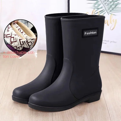 Botas de chuva impermeáveis femininas, capa de algodão, sapato de borracha antiderrapante, tubo médio, quatro estações, ao ar livre, moda, quatro estações