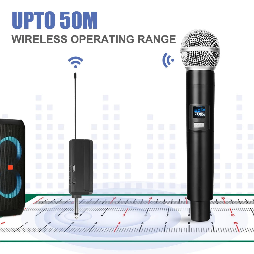 Micrófono dinámico de mano dual inalámbrico UHF para karaoke con receptor recargable para bodas, fiestas, discursos, iglesias y clubes.