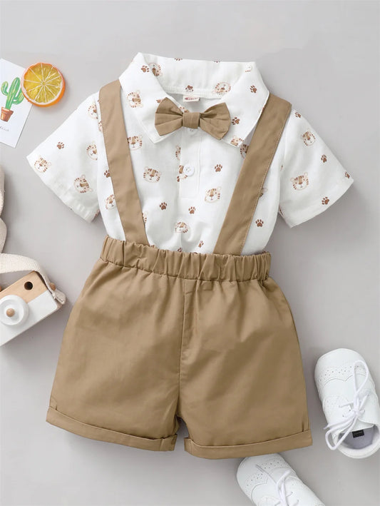 2PCS Infant Boy Clothes Set Tiger Print Short Sleeve with Bow + Strap Shorts Casual Party Birthday Suit for Toddler Boy 0-2 Years