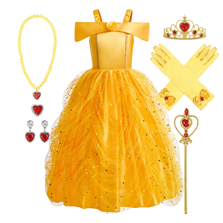 Children Princess Costume Kids Halloween Carnival Beauty Beast Birthday Party Clothes Girl Yellow Belle Cosplay Dress Up