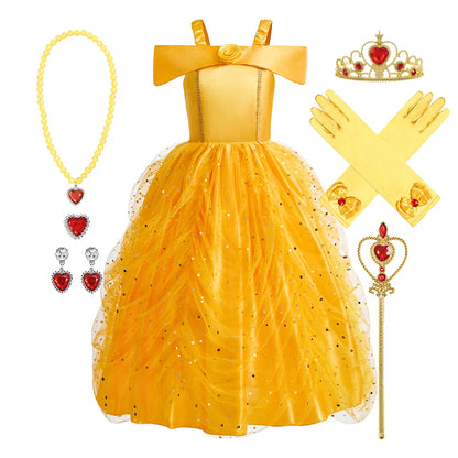Children Princess Costume Kids Halloween Carnival Beauty Beast Birthday Party Clothes Girl Yellow Belle Cosplay Dress Up