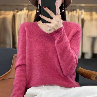 Suéter básico de otoño-invierno 2024 para mujer, 100 % lana merino, cuello en V, tejido de punto liso, jersey de oficina para mujer, manga larga, cachemir.