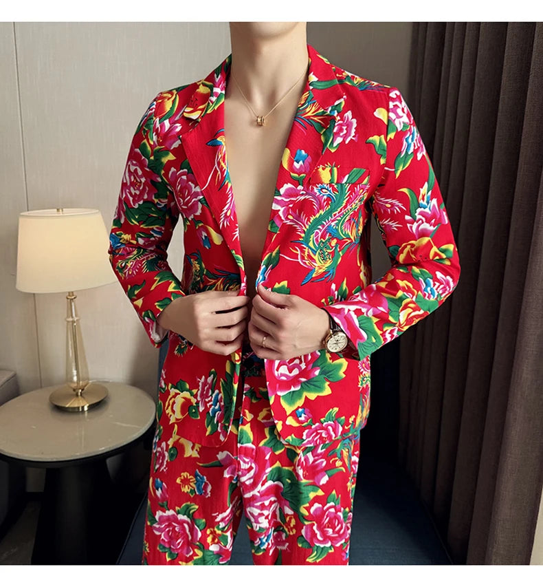 Men Suit 2 Piece Fashion Party Mens Vintage Print Big flower in northeast China Suits Jacket Pants Men Sets