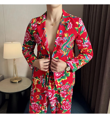 Men Suit 2 Piece Fashion Party Mens Vintage Print Big flower in northeast China Suits Jacket Pants Men Sets