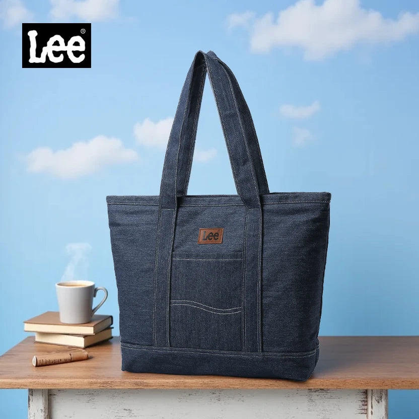 LEE Unisex Utility Canvas Leather Zipper Tote Bag Casual Denim Daily Shopping Handbag Women Men Durable Student School Book Bag