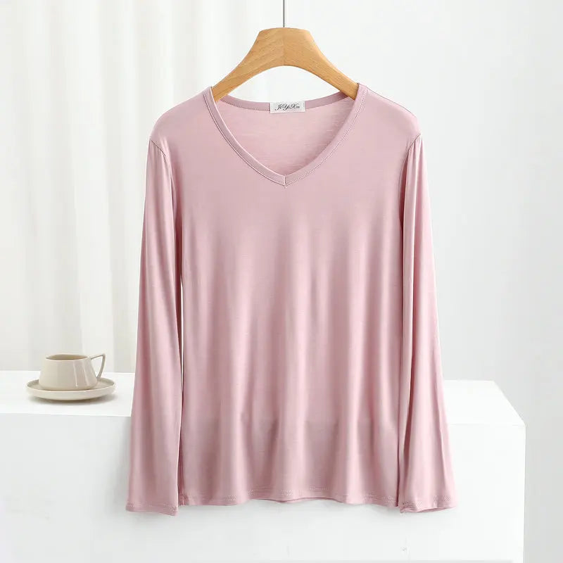 Modal Bottoming Tshirt Long sleeves thin Mask T-shirts Solid color V-Neck Base Tee Tops Plus size loose undershirt all match