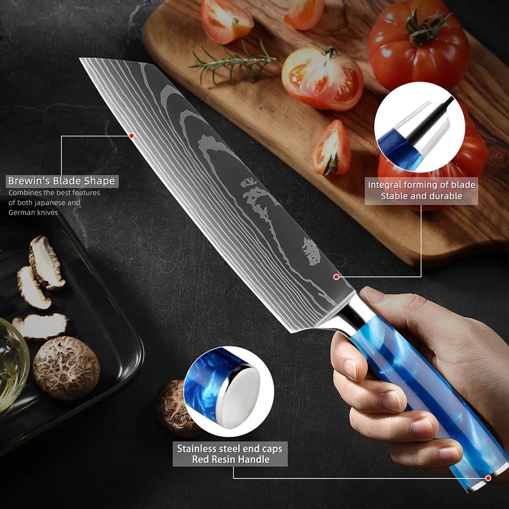XITUO Juego de cuchillos de cocina de 1 a 8 piezas, mango de resina azul para cuchillo de chef, cuchillo de pelar, cuchillo de deshuesar, cuchillo Santoku, afilado como una navaja