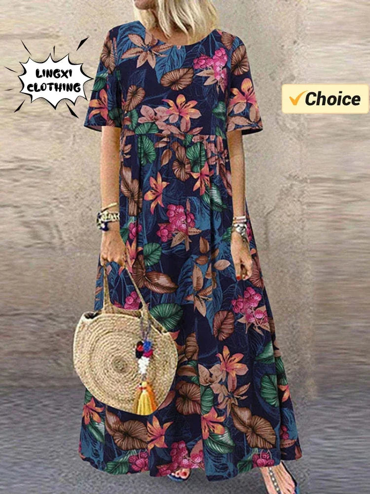 Vestido de festa elegante 2024 feminino elegante plus size saia solta em torno do pescoço manga curta retro impressão casual vestido longo feminino
