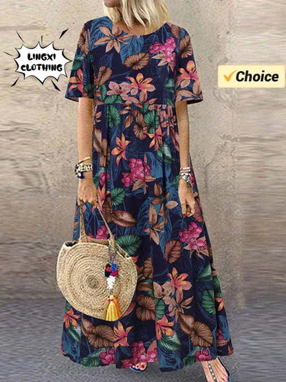 Vestido de festa elegante 2024 feminino elegante plus size saia solta em torno do pescoço manga curta retro impressão casual vestido longo feminino