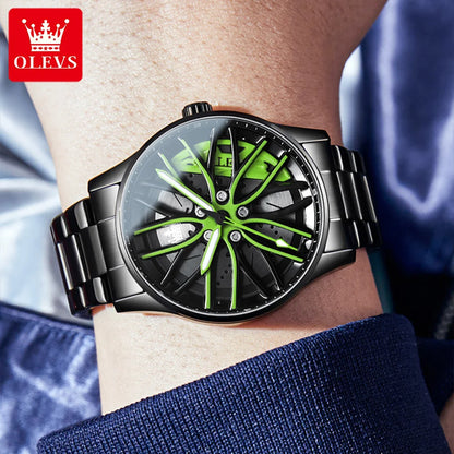 Reloj de lujo OLEVS Wheel para hombre, resistente al agua, con llanta giratoria deportiva, de cuarzo, de alta calidad y a la moda, el más vendido.