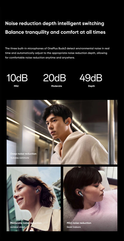 Oneplus Buds 3 wireless Bluetooth headset LHDC 5.0 49dB active noise reduction 44h battery life Oneplus 12 TWS low delay.