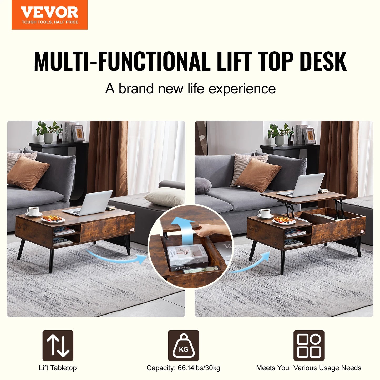 VEVOR Lift Top Coffee Table Round/Rectangle Coffee Table with Extra Storage Pockets Pop Up/Flipable Coffee Table for Living Room