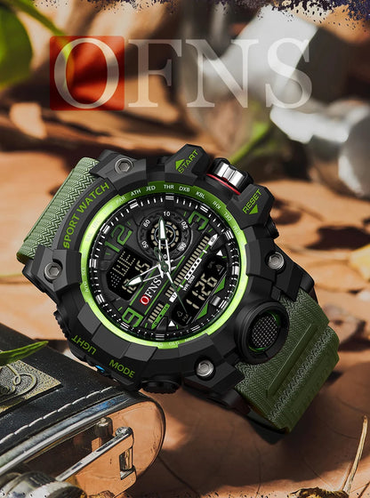 OFNS - Reloj de lujo estilo G para hombre, resistente al agua hasta 50 m, multifunción, deportivo, militar, de cuarzo, con LED digital