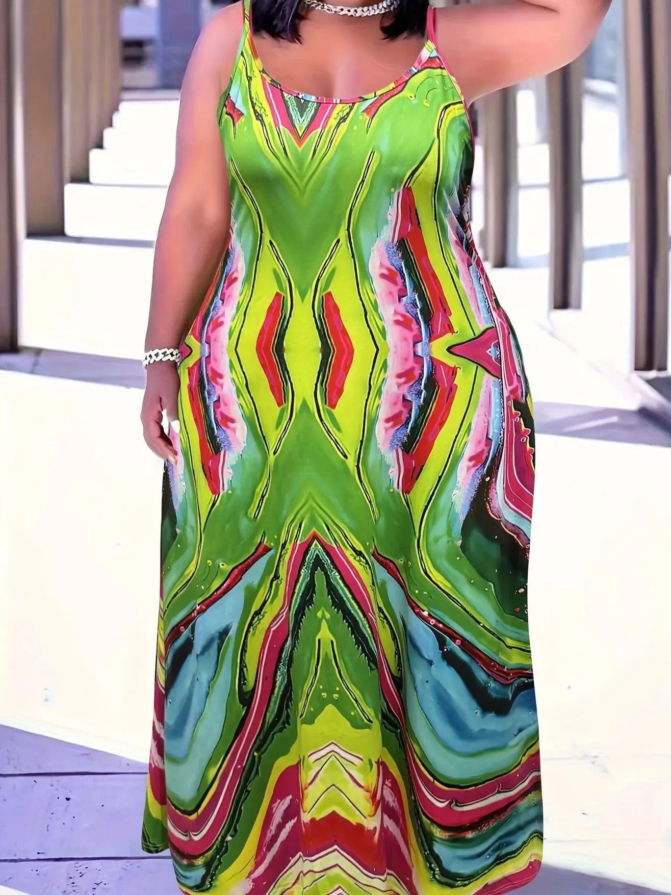 Maxi estampa geométrica feminina Vestido, Vestido deslizante, Trecho alto, Tecido de malha, Moda elegante, Feriado, Data, Bonito, Tamanho positivo, 2024