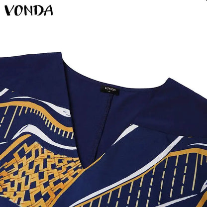Plus Size 5XL Women Dress 2024 VONDA Summer V Neck Party Sundress Sexy Half Sleeve Bohemian Printed Dress Vestidos Loose Robe