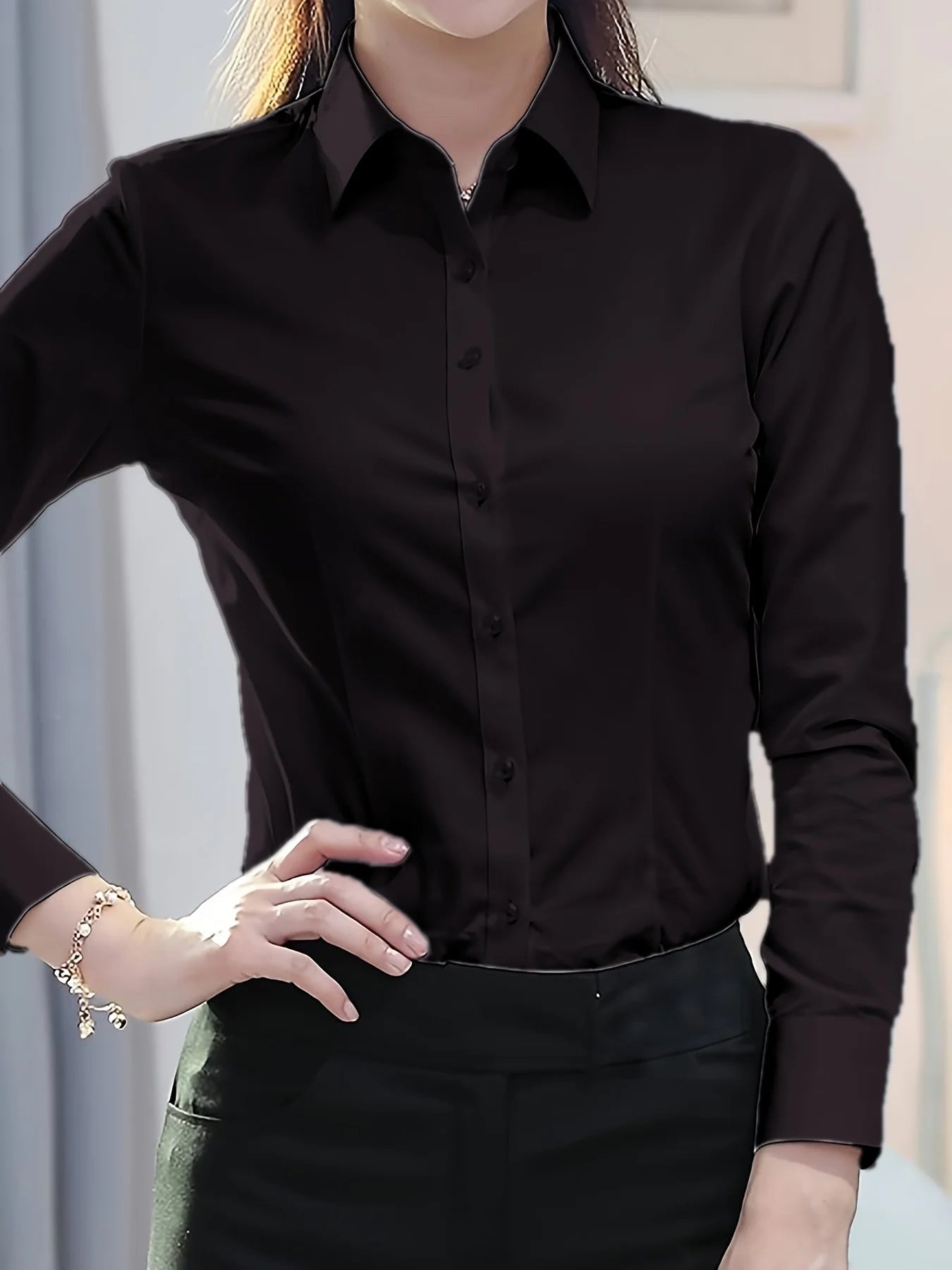 Elegant All-Season Solid Shirt Slim Button Tops Fashion White Shirt Turn-down Collar Women's Long Sleeve Blouse
