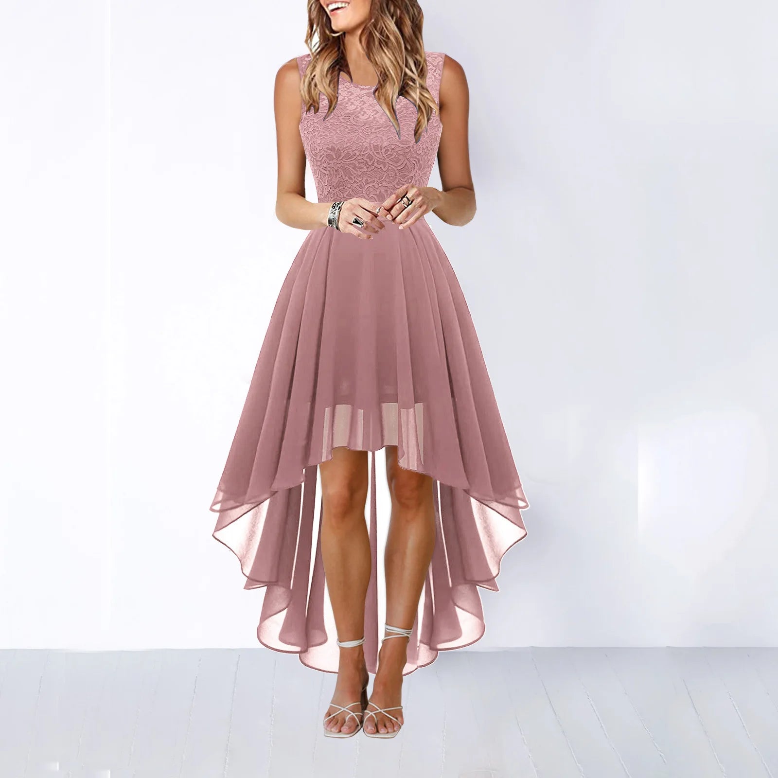 Hollow-outch Chiffon Dress Dinner Lace Dress Women's Elegant Temperament British Style High-waisted Sleeveless Round-neck Dress