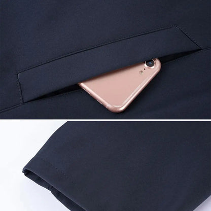 Chaqueta elegante para hombre de mediana edad con solapa y bolsillos con cierre de cremallera para negocios formales o ropa informal en primavera y otoño.