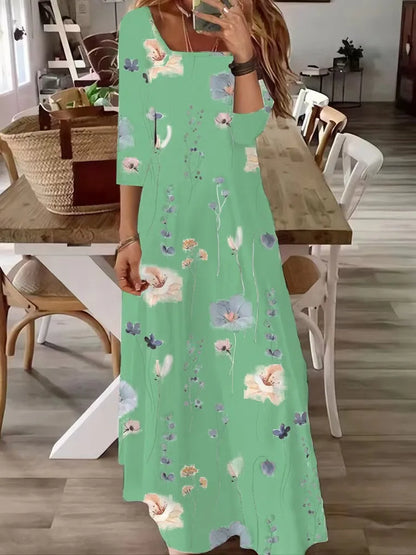 Plus Size Autumn and Winter New Women's Fashion and Elegance Medium and Long sleeved Flower Print Dress Long Style