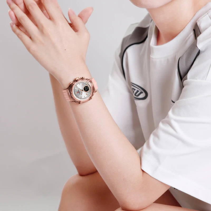 Relojes NAVIFORCE para mujer, nuevo diseño, esfera pequeña, deportivos, para mujer, resistente al agua hasta 5 ATM, reloj de pulsera de cuarzo con pantalla LCD digital, reloj para mujer