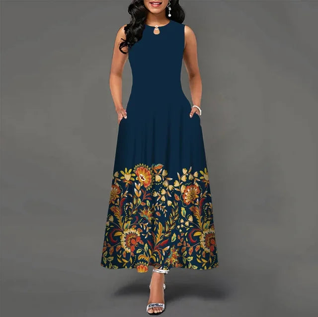 Women's V-neck Sleeveless Long Dress Retro Bohemian Dresses Floral Print Swing Casual New 
