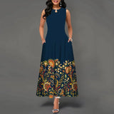 Women's V-neck Sleeveless Long Dress Retro Bohemian Dresses Floral Print Swing Casual New 