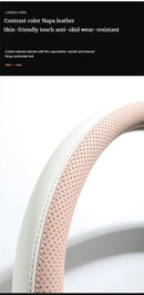 Perforated Nappa Leather Car Steering Wheel Cover Warm in Winter and Cool in Summer, Universal 15 Inch,  Anti-Slip, Odorless