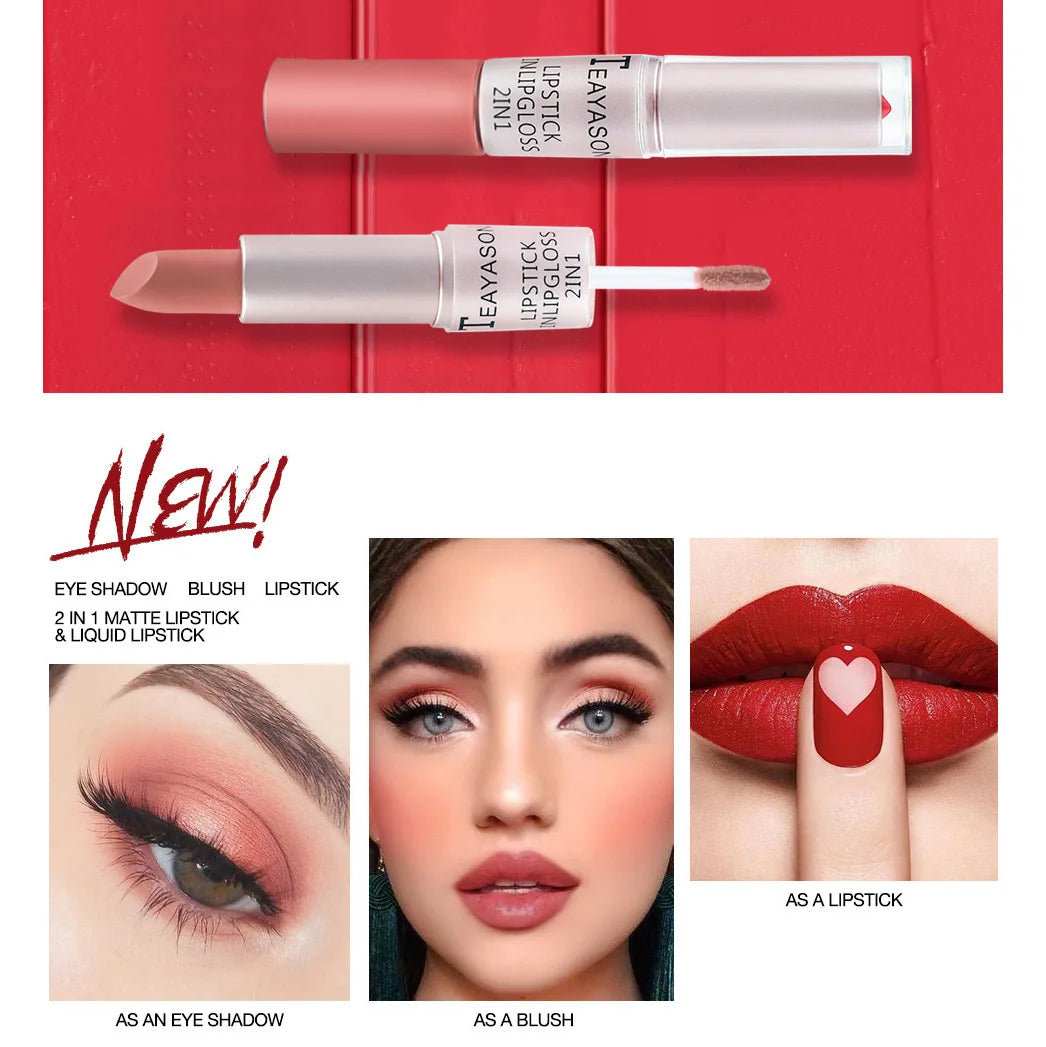 Lápiz labial mate aterciopelado de larga duración, brillo labial de doble cabezal, taza antiadherente, brillo labial, tinte voluminizador, lápiz labial resistente al agua, maquillaje